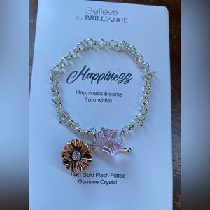 'Happiness' Silver Chain Bracelet with Pink Crystal and Gold-Accent Flower Charm